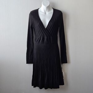 NWT Calvin Klein Black Ribbed Knit Wrap Dress Long Sleeve V-Neck Size S Sweater